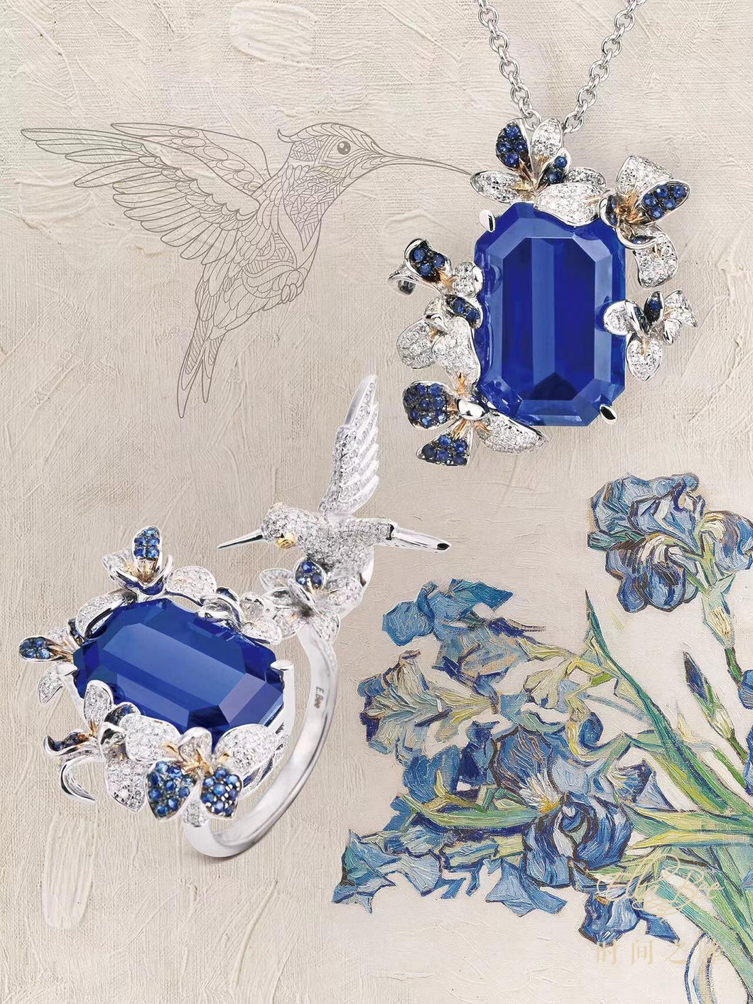 「Iris and Hummingbird」solute to Van Gogh Tanzanite Diamond ring/pendant